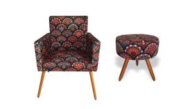 Kit Poltrona Decorativa Bia + Puff Redondo Suede Mandala Pés Madeira Ms Decor