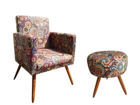 Kit Poltrona Decorativa Bia + Puff Redondo Suede Mosaico Pés Madeira Ms Decor Kit Poltrona Decorativa Bia + Puff Redondo Suede Mosaico Pés Madeira Ms Decor