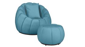 Kit Poltrona Decorativa C/Puff e Almofada Concha Veludo Azul Turquesa - Montanaris Decor