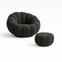 Kit Poltrona Decorativa Concha C/Almofada e Puff Boucle Cinza Escuro Abobora - Montanaris Decor