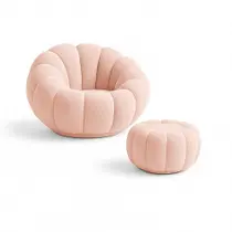 Kit Poltrona Decorativa Concha C/Almofada e Puff Boucle Rosê Abobora - Montanaris Decor