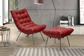 Kit Poltrona Decorativa Costela com Puff Adão Preto Vermelho