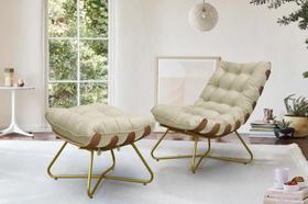 Kit Poltrona Decorativa Costela e Puff Eva Dourado Mad- Bege Kit Poltrona Decorativa Costela e Puff Eva Dourado Mad- Bege