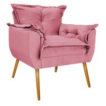 Kit Poltrona Decorativa e Puff Opala Palito Mel Sala de Estar Suede Rosa Bebê