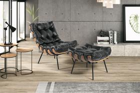 Kit Poltrona Decorativa Em Costela E Puff Em Couro Cor Preto