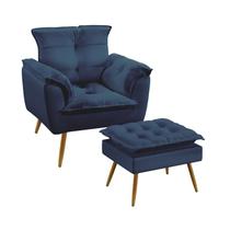 Kit Poltrona Decorativa Estofada Beta e Puff Lunar Sued Azul Marinho Aradecor