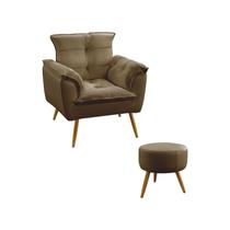 Kit Poltrona Decorativa Estofada para Sala de Estar Beta e Puff Solar Sued Capuccino Aradecor