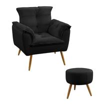 Kit Poltrona Decorativa Estofada para Sala de Estar Beta e Puff Solar Sued Preto Aradecor