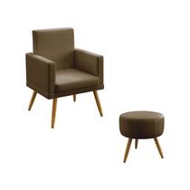 Kit Poltrona Decorativa Estofada Para Sala De Estar Nina Com Rodapé e Puff Solar Sued Capuccino Aradecor