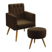 Kit Poltrona Decorativa Estofada Para Sala De Estar Nina e Puff Solar Com Rodapé E Botões Capitonê Sued Marrom Aradecor