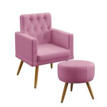 Kit Poltrona Decorativa Estofada Para Sala De Estar Nina e Puff Solar Com Rodapé E Botões Capitonê Sued Rosê Aradecor