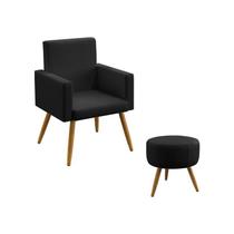 Kit Poltrona Decorativa Estofada Para Sala De Estar Nina e Puff Solar Sued Preto Aradecor