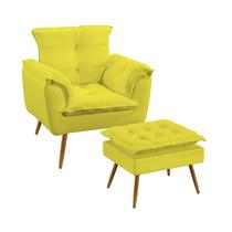 Kit Poltrona Decorativa Estofada Para Sala De Estar Opala e Puff Lunar Sued Amarelo Aradecor