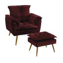 Kit Poltrona Decorativa Estofada Para Sala De Estar Opala e Puff Lunar Sued Bordô Aradecor