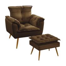 Kit Poltrona Decorativa Estofada para Sala de Estar Opala e Puff Lunar Sued Marrom Aradecor