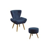 Kit Poltrona Decorativa Estofada Polaris e Puff Solar Sued Azul Marinho Aradecor