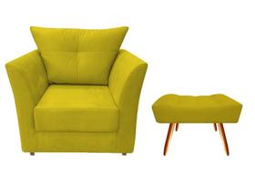Kit Poltrona Decorativa Isis + Puff Retangular Couro Amarelo Pés Madeira Ms Decor