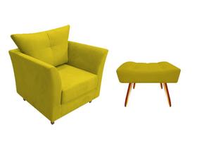 Kit Poltrona Decorativa Isis + Puff Retangular Couro Amarelo Pés Madeira Mz Decor