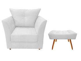 Kit Poltrona Decorativa Isis + Puff Retangular Couro Branco Pés Madeira Ms Decor
