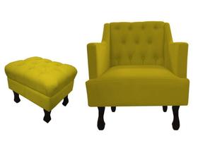 Kit Poltrona Decorativa Julia + Puff Luis Xv Couro Amarelo Pés Madeira Ms Decor Kit Poltrona Decorativa Julia + Puff Luis Xv Couro Amarelo Pés Madeira Ms Decor