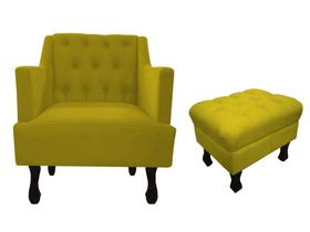 Kit Poltrona Decorativa Julia + Puff Luis Xv Couro Amarelo Pés Madeira Mz Decor