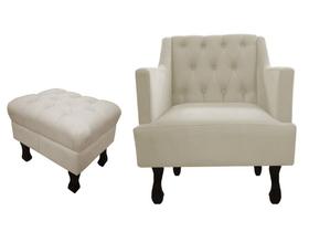 Kit Poltrona Decorativa Julia + Puff Luis Xv Couro Bege Pés Madeira Ms Decor