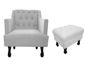Kit Poltrona Decorativa Julia + Puff Luis Xv Couro Branco Pés Madeira Mz Decor