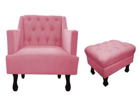 Kit Poltrona Decorativa Julia + Puff Luis Xv Suede Rosa Pés Madeira Mz Decor