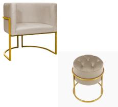 Kit Poltrona Decorativa Luxo Base de Metal Dourada e Puff Capitone Suede Bege Eli Móveis e Decoração Kit Poltrona Decorativa Luxo Base de Metal Dourada e Puff Capitone Suede Bege Eli Móveis e Decoração