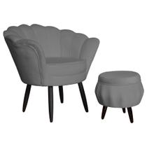 Kit Poltrona Decorativa Mais Puff Pétala Pés Palito Tabaco Suede Cinza - DS Estofados