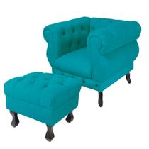 Kit Poltrona Decorativa Maya Mais Puff Baú Retrô Pés Luis XV Suede Azul Turquesa - DS Estofados Kit Poltrona Decorativa Maya Mais Puff Baú Retrô Pés Luis XV Suede Azul Turquesa - DS Estofados