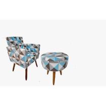 Kit Poltrona Decorativa Nina com rodapé e puff redondo Triângulo Azul
