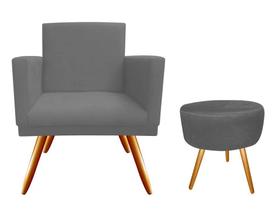 Kit Poltrona Decorativa Nina + Puff Redondo Suede Cinza Pés Madeira Ms Decor