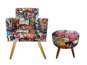 Kit Poltrona Decorativa Nina + Puff Redondo Suede Coca-Cola Pés Madeira Ms Decor