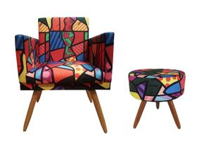 Kit Poltrona Decorativa Nina + Puff Redondo Suede Romero Brito Pés Madeira Ms Decor Kit Poltrona Decorativa Nina + Puff Redondo Suede Romero Brito Pés Madeira Ms Decor