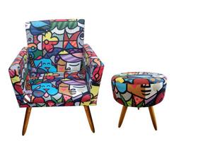 Kit Poltrona Decorativa Nina + Puff Redondo Suede Romero Gato Pés Madeira Ms Decor Kit Poltrona Decorativa Nina + Puff Redondo Suede Romero Gato Pés Madeira Ms Decor