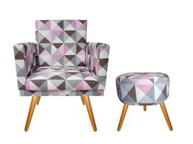 Kit Poltrona Decorativa Nina + Puff Redondo Suede Triângulo Rosa Pés Madeira Ms Decor