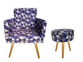 Kit Poltrona Decorativa Nina + Puff Redondo Suede Triângulo Roxo Pés Madeira Ms Decor