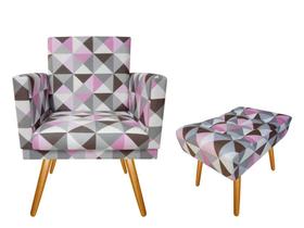 Kit Poltrona Decorativa Nina + Puff Retangular Suede Triângulo Rosa Pés Madeira Ms Decor