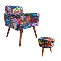 Kit Poltrona Decorativa para Sala Nina + Puff Redondo Estampas Pé Castanho Kit Poltrona Decorativa para Sala Nina + Puff Redondo Estampas Pé Castanho