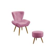 Kit Poltrona Decorativa Polaris e Puff Solar Sued Rosê Aradecor