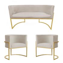 Kit Poltrona e Namoradeira Luana Base Metálica Dourada Suede Bege - Belliv Decor