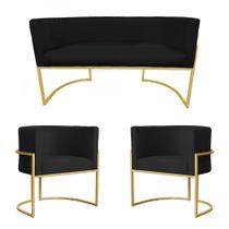 Kit Poltrona e Namoradeira Luana Base Metálica Dourada Suede Preto - Belliv Decor