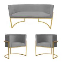 Kit Poltrona e Namoradeira Luana Suede Cinza Base Metálica Dourada - Vallisa Decor Kit Poltrona e Namoradeira Luana Suede Cinza Base Metálica Dourada - Vallisa Decor