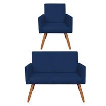 Kit Poltrona e Namoradeira Nina Suede Azul Marinho Pés Palito Castanho - Pallazio Kit Poltrona e Namoradeira Nina Suede Azul Marinho Pés Palito Castanho - Pallazio