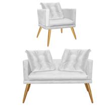 Kit Poltrona e Namoradeira Sofá Lucia Confort Com Almofada Sala Recepção Escritório Consultório Pé Castanho material sintético Branco - KDAcanto Móveis Kit Poltrona e Namoradeira Sofá Lucia Confort Com Almofada Sala Recepção Escritório Consultório Pé Castanho material sintético Branco - KDAcanto Móveis