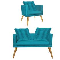 Kit Poltrona e Namoradeira Sofá Lucia Confort Com Almofada Sala Recepção Escritório Consultório Pé Rústico Suede Azul Turquesa - KDAcanto Móveis Kit Poltrona e Namoradeira Sofá Lucia Confort Com Almofada Sala Recepção Escritório Consultório Pé Rústico Suede Azul Turquesa - KDAcanto Móveis