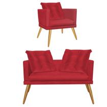 Kit Poltrona e Namoradeira Sofá Milena Confort Com Almofada Sala Recepção Escritório Consultório Pé Carvalho Suede Vermelho - DAMAFFÊ MÓVEIS Kit Poltrona e Namoradeira Sofá Milena Confort Com Almofada Sala Recepção Escritório Consultório Pé Carvalho Suede Vermelho - DAMAFFÊ MÓVEIS