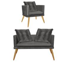 Kit Poltrona e Namoradeira Sofá Milena Confort Com Almofada Sala Recepção Escritório Consultório Pé Madeira material sintético Cinza - DAMAFFÊ MÓVEIS Kit Poltrona e Namoradeira Sofá Milena Confort Com Almofada Sala Recepção Escritório Consultório Pé Madeira material sintético Cinza - DAMAFFÊ MÓVEIS