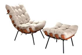 Kit Poltrona E Puff Costela Base Fixa Linho Bege Kit Poltrona E Puff Costela Base Fixa Linho Bege